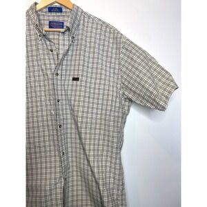 Pendleton Plaid Short‎ Sleeve Button Down Beige Green Cotton